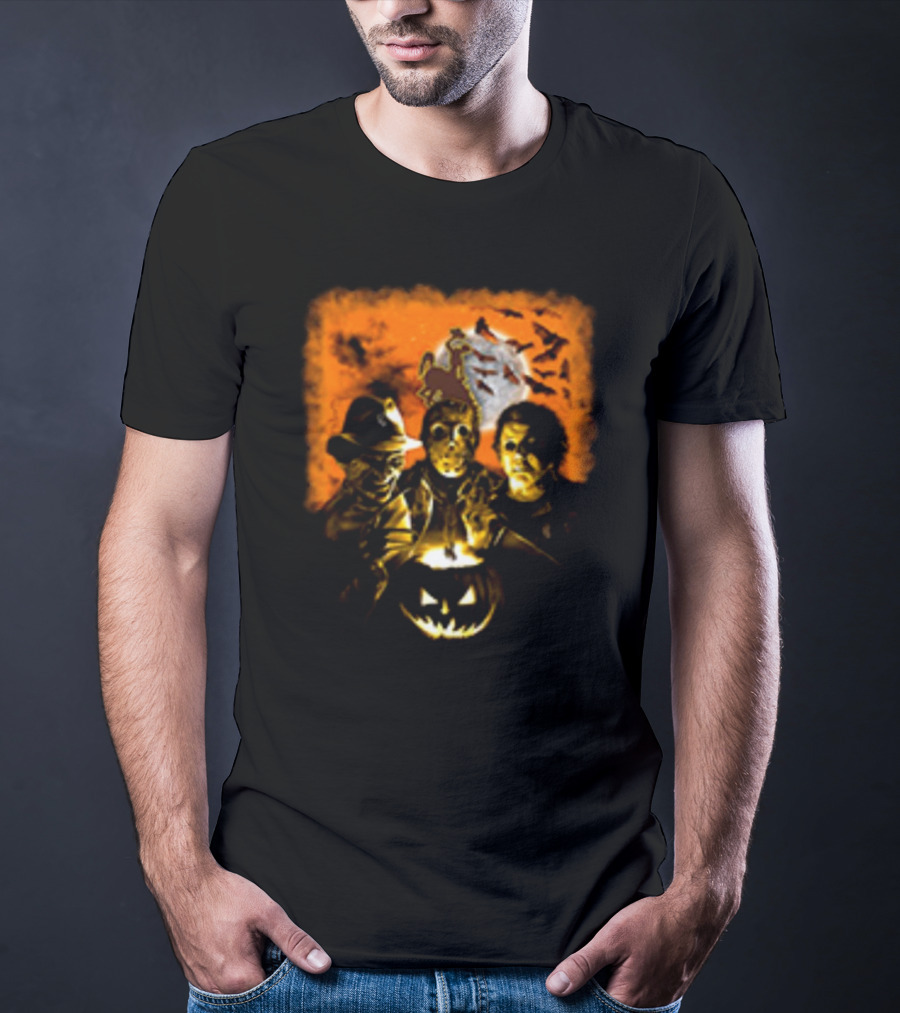Horror Movies Freddy Krueger Jason Voorhees Michael Myers Halloween Wyoming Cowboys Jack-O'-Lantern Moon Bats T-Shirt