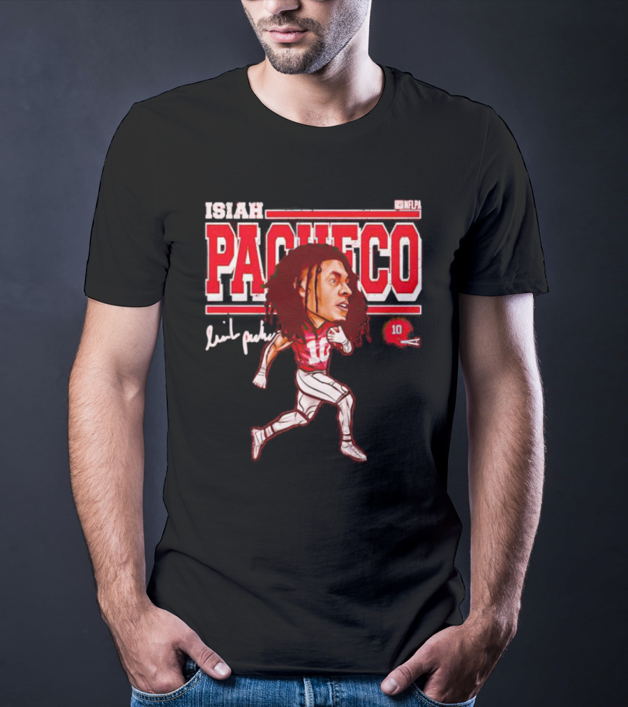 ISIAH PACHECO NFLPA Signature Caricature With Number 10 And Red Helmet T-Shirt