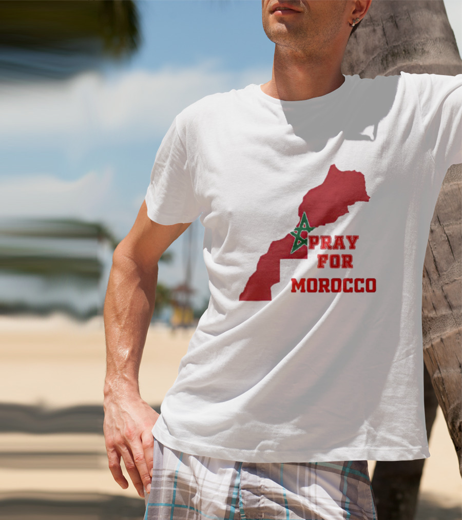 Pray For Morocco Map With Green Star And Red T-Shirt