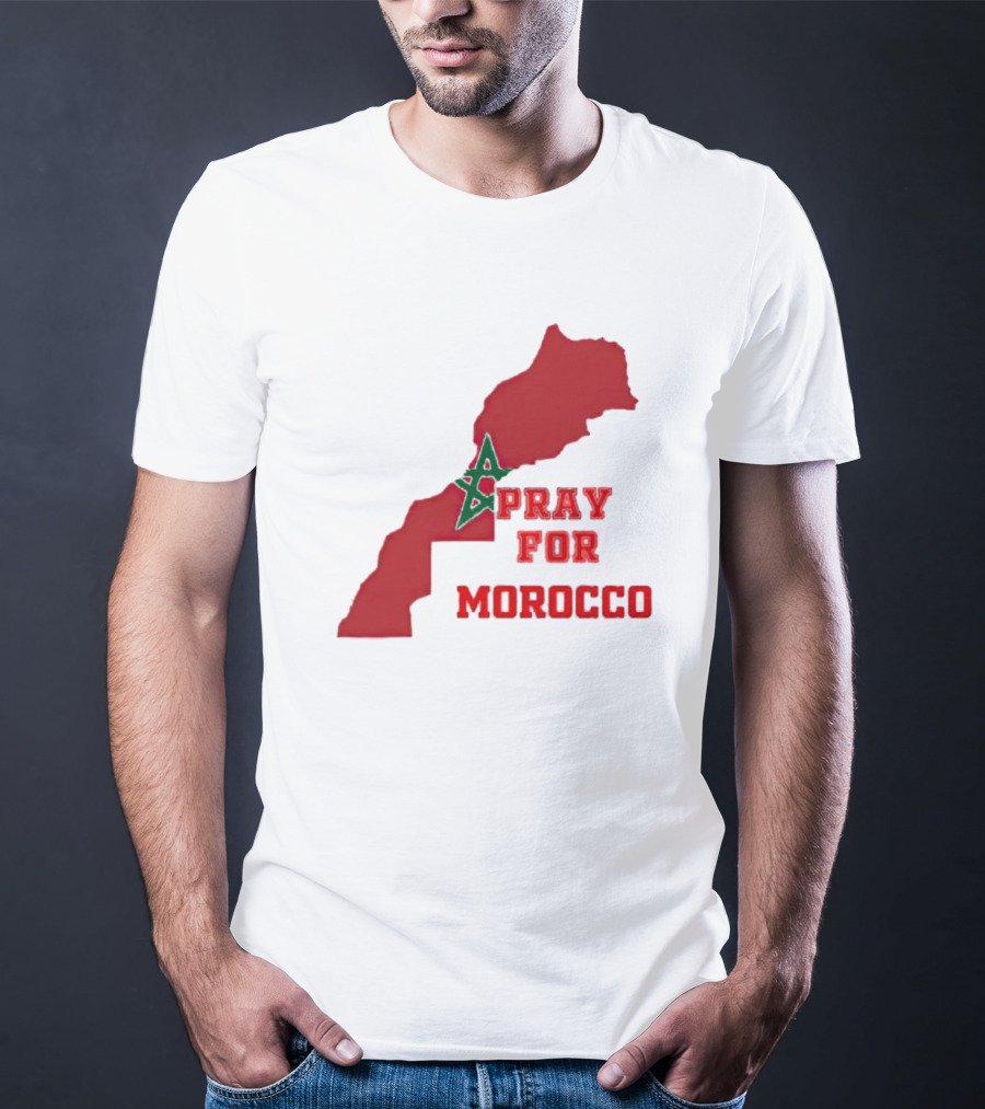 Pray For Morocco Map With Green Star And Red T-Shirt