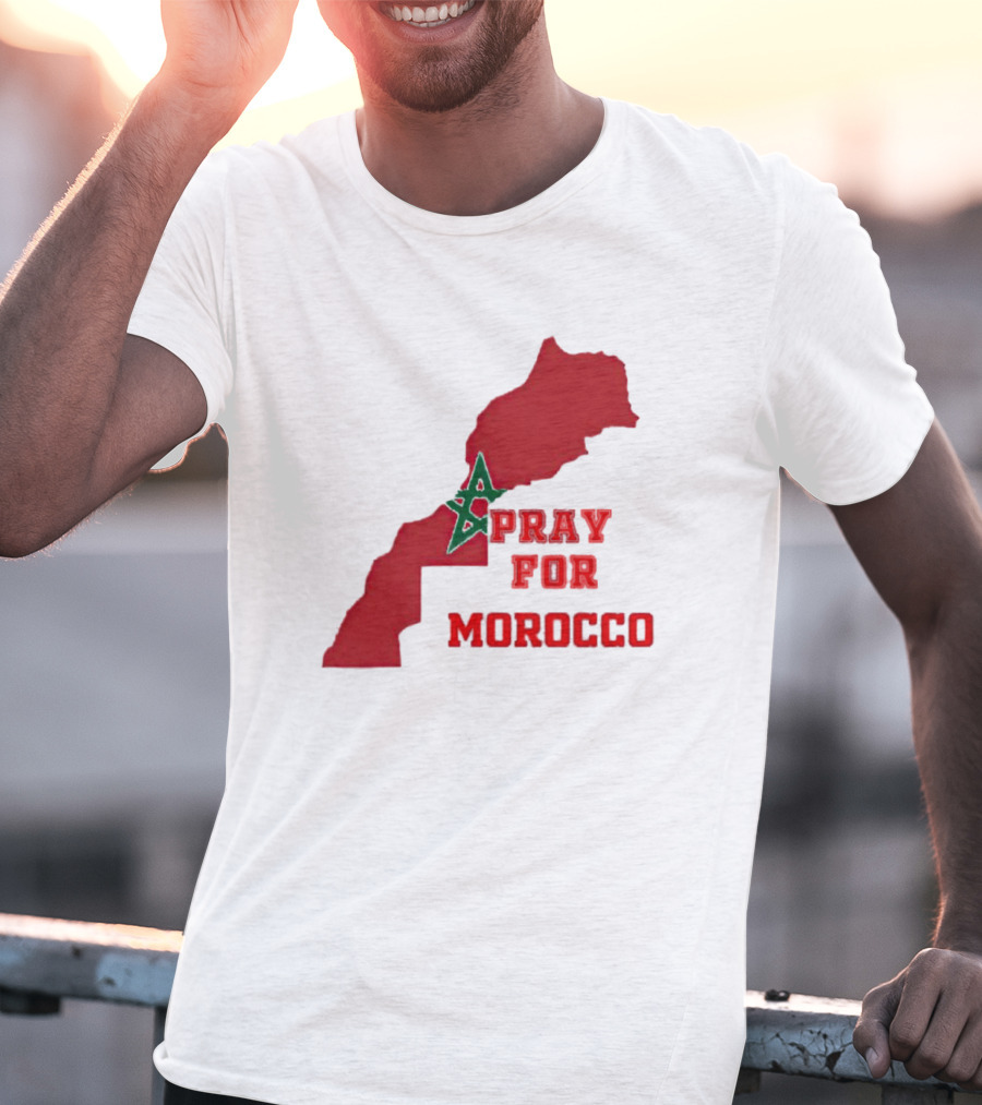 Pray For Morocco Map With Green Star And Red T-Shirt