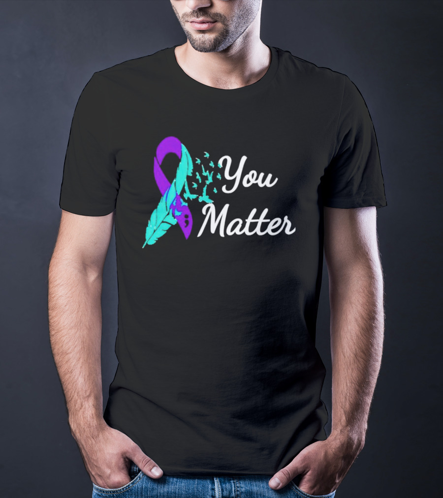 You Matter Suicide Prevention Purple Teal Ribbon Feather And Birds T-Shirt