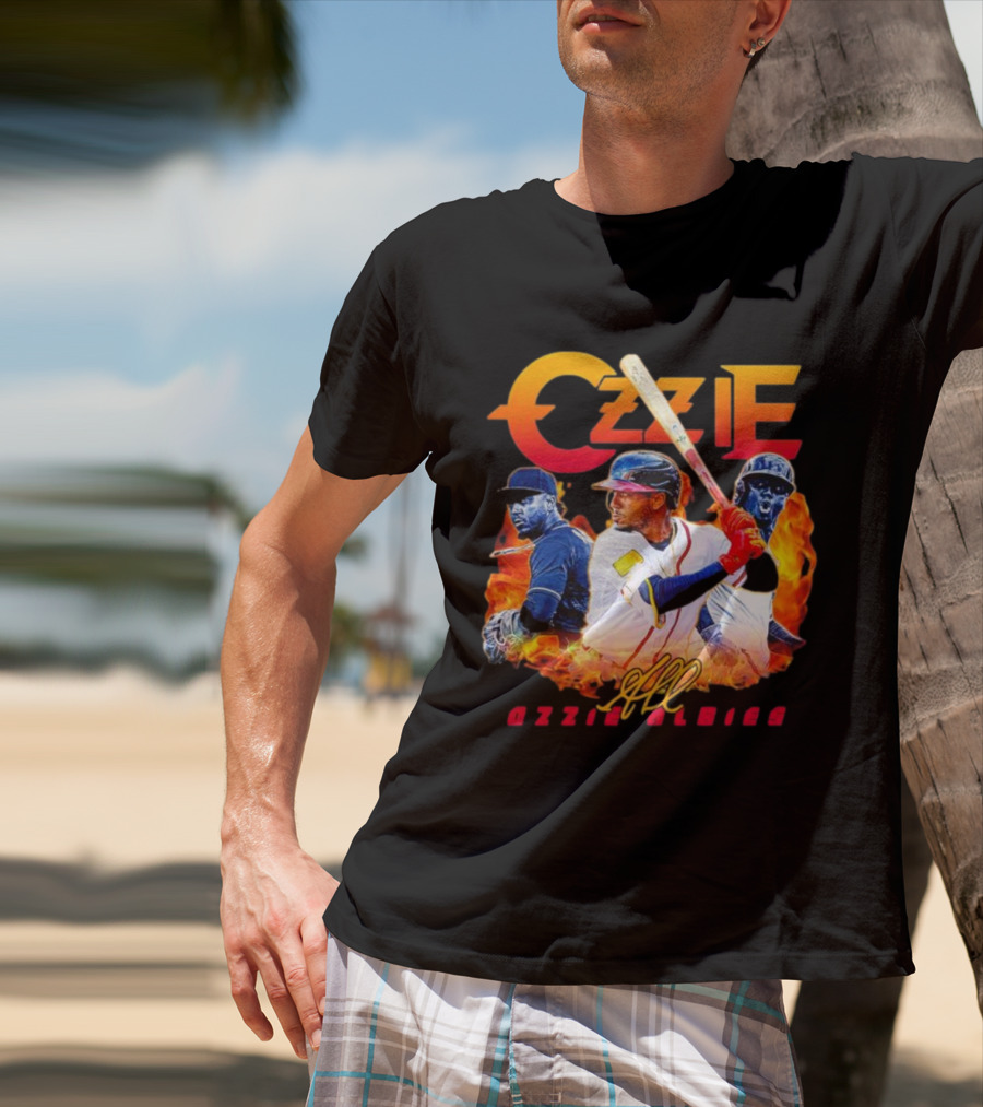 Ozzie Albies MLB Flame Graphic With Signature T-Shirt