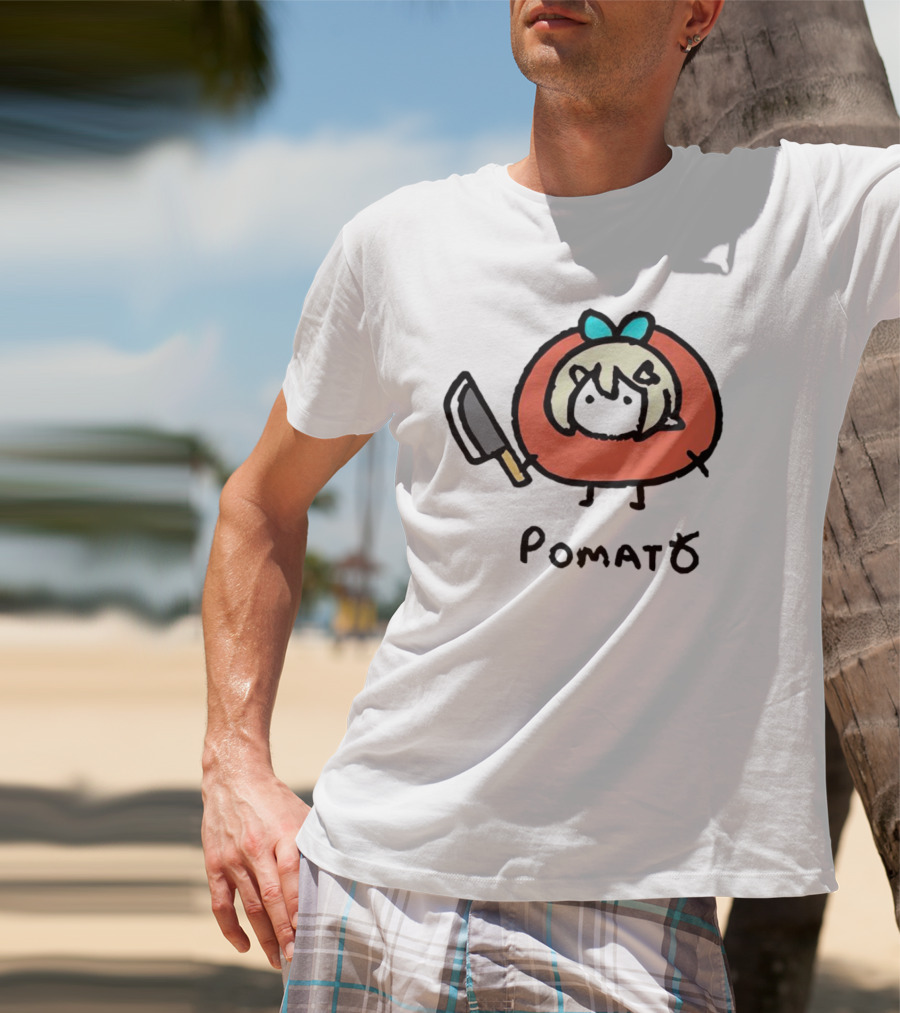 Pomato Tuna Character With Knife And Blue Bow T-Shirt