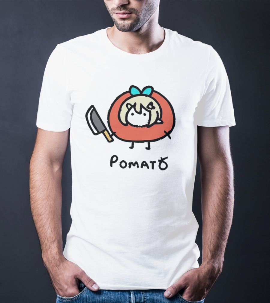 Pomato Tuna Character With Knife And Blue Bow T-Shirt