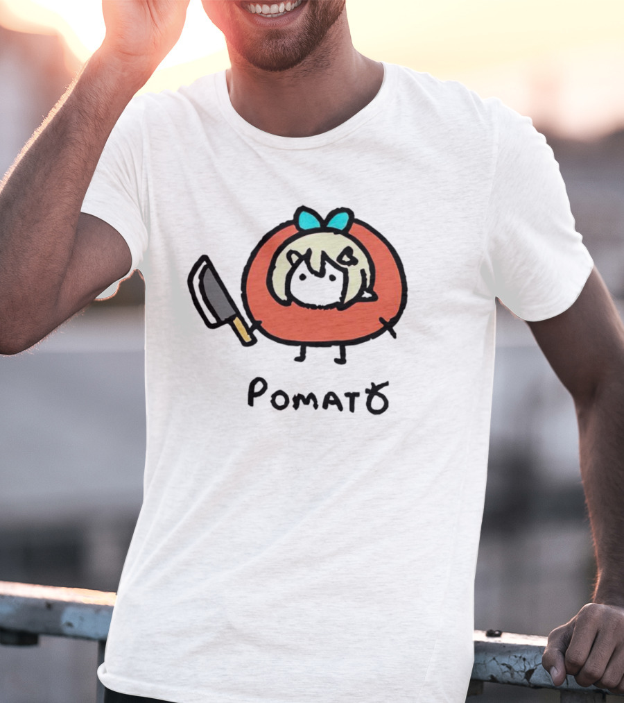 Pomato Tuna Character With Knife And Blue Bow T-Shirt