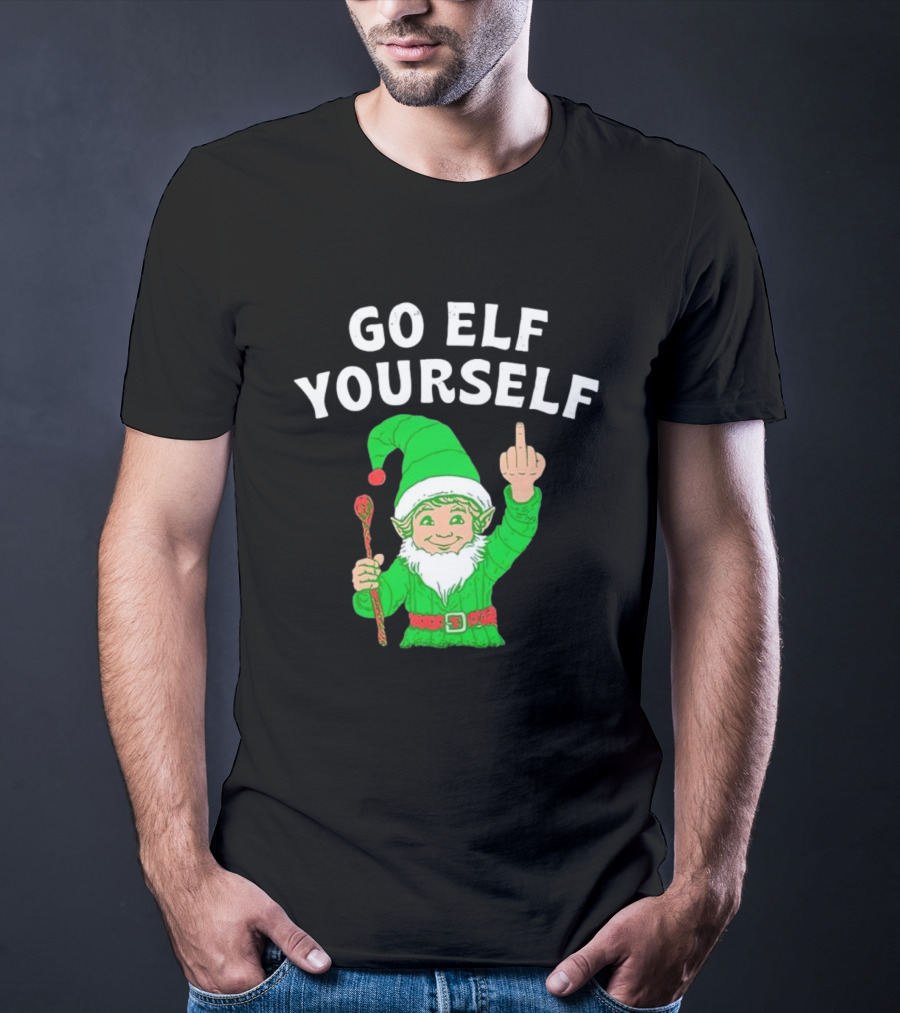 GO ELF YOURSELF Middle Finger Green Elf With Candy Cane T-Shirt