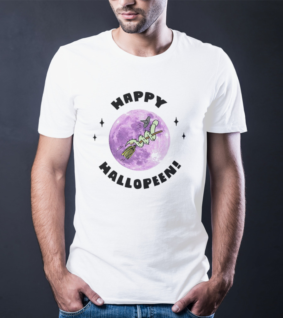 Happy Hallopeen Snake On Broomstick With Purple Moon Halloween T-Shirt
