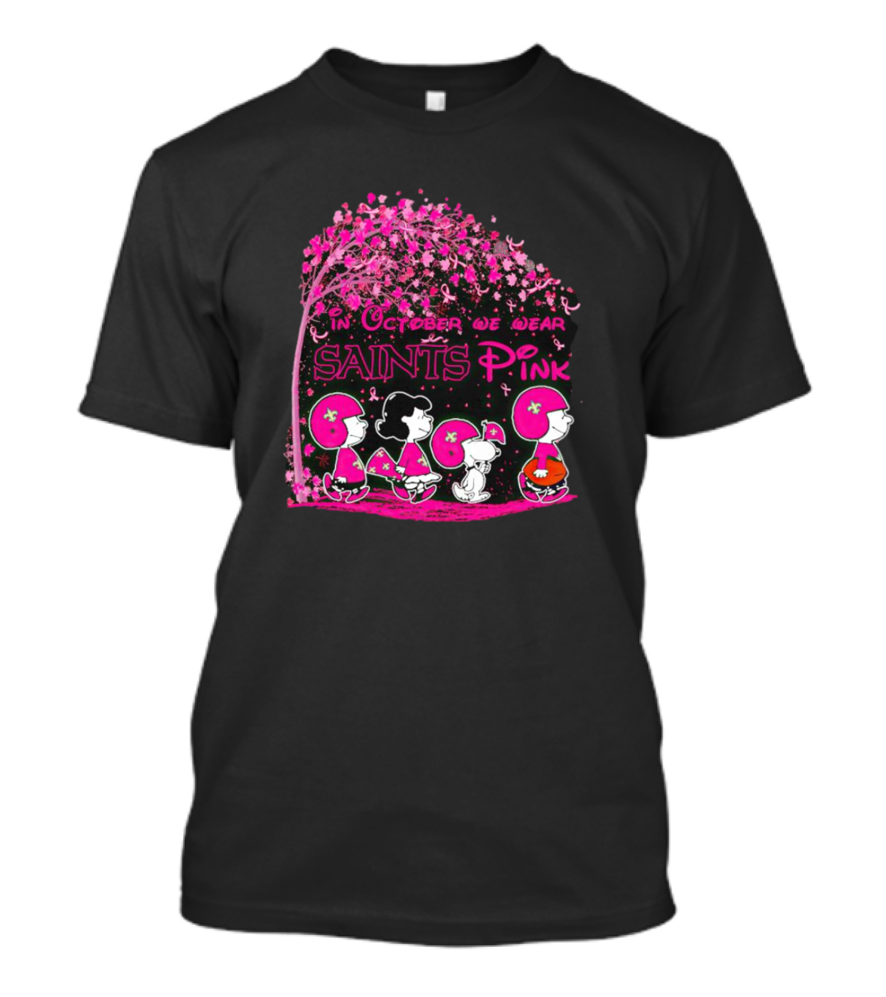 Peanuts Characters In October We Wear Saints Pink Breast Cancer Awareness T-Shirt