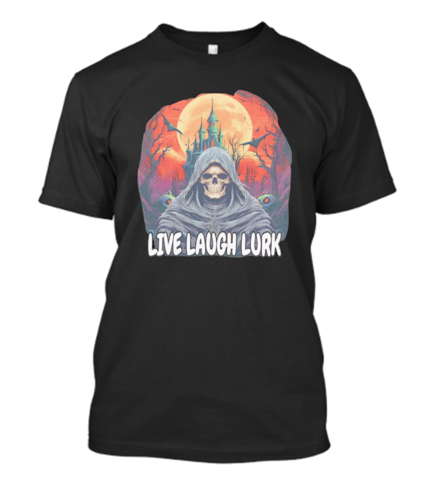 Live Laugh Lurk Skeleton Haunted Castle Bats Full Moon T-Shirt