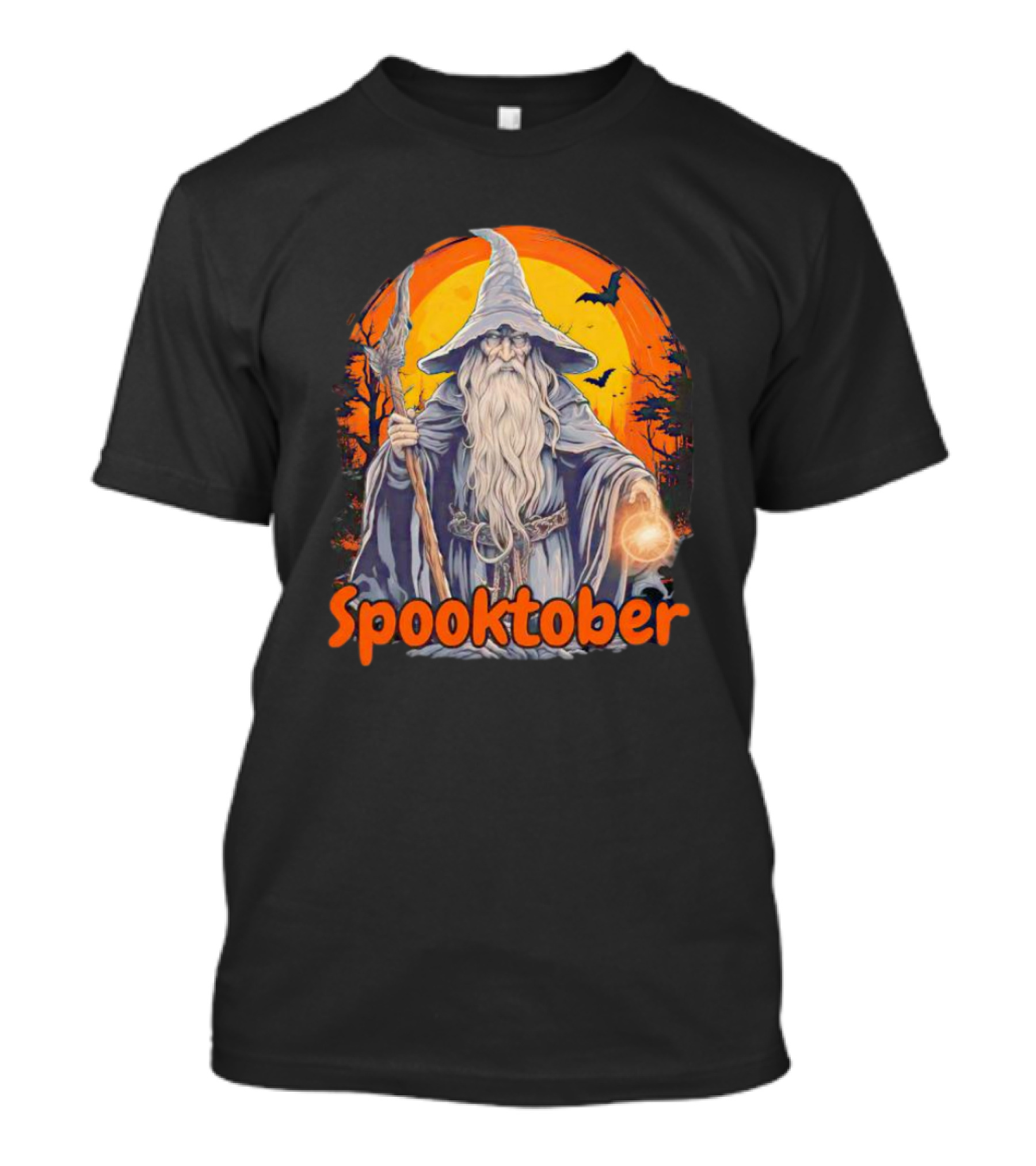 Spooktober Wizard Halloween With Wand And Orange Bats T-Shirt