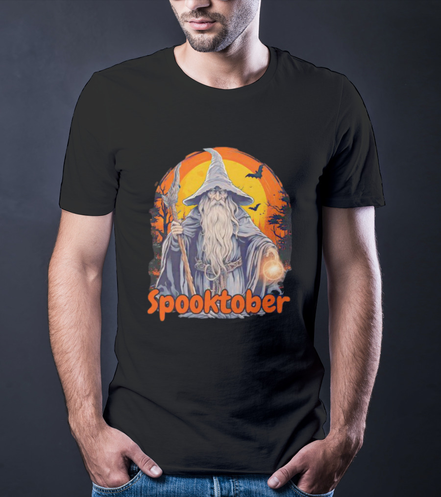 Spooktober Wizard Halloween With Wand And Orange Bats T-Shirt