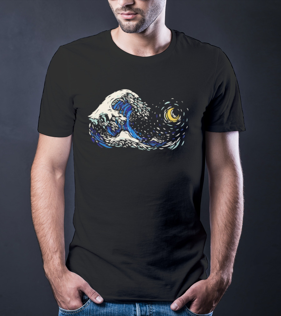 Starry Night Meets Great Wave Fusion T-Shirt