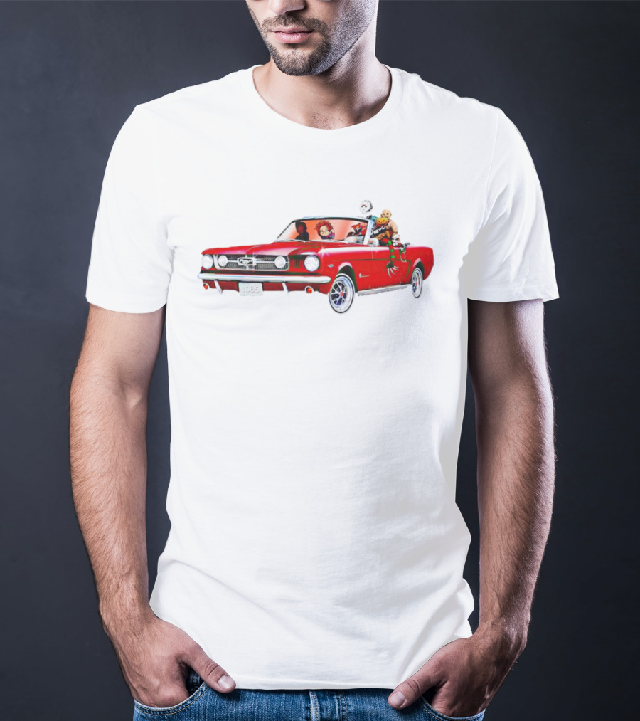 Horror Movie Icons In Red Mustang Car Driving Scene T-Shirt