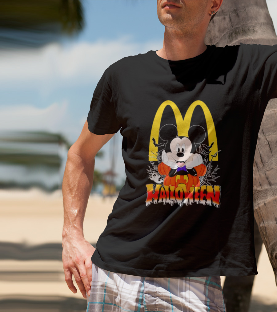 Mickey Mouse Halloween Pumpkin McDonald's Logo With Bats T-Shirt