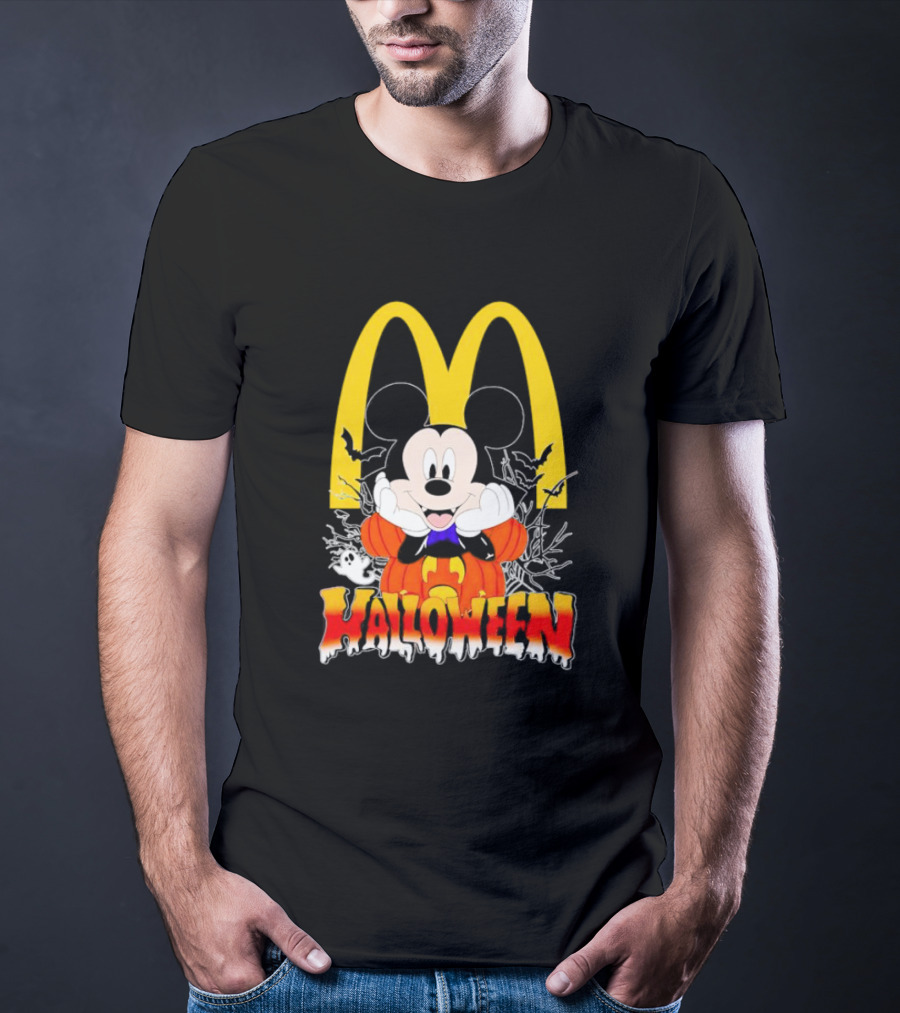 Mickey Mouse Halloween Pumpkin McDonald's Logo With Bats T-Shirt