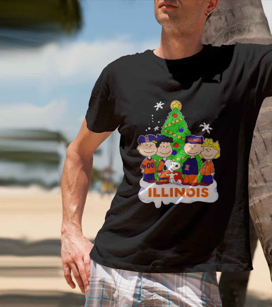 Peanuts Characters Illinois Christmas Tree With Snoopy And Festive Decorations T-Shirt