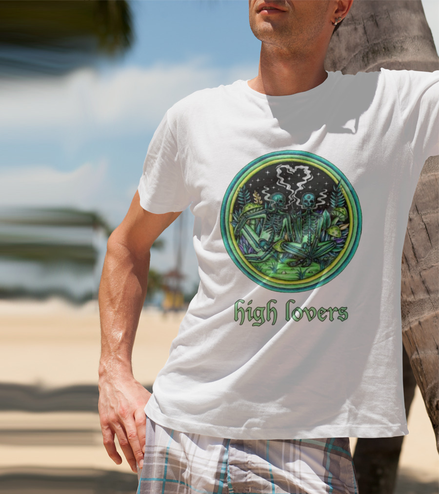 High Lovers Skeletons In Psychedelic Forest Scene T-Shirt