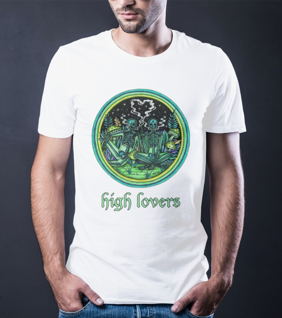 High Lovers Skeletons In Psychedelic Forest Scene T-Shirt