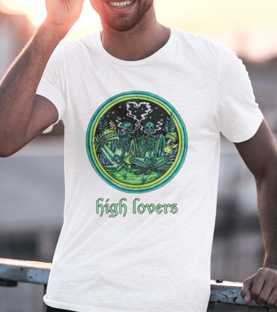 High Lovers Skeletons In Psychedelic Forest Scene T-Shirt