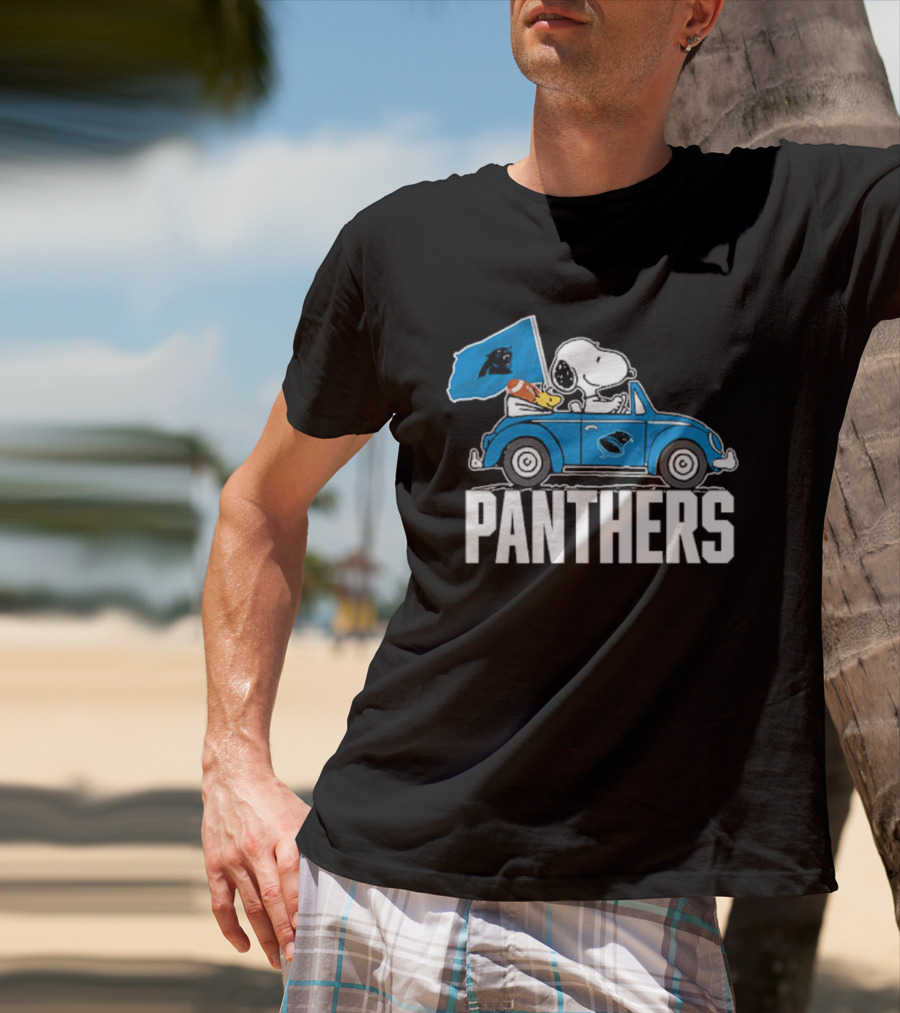 Snoopy And Woodstock Driving Car Panthers Flag T-Shirt