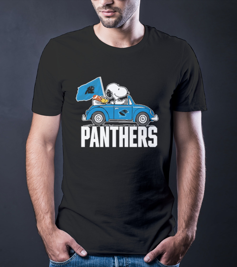 Snoopy And Woodstock Driving Car Panthers Flag T-Shirt