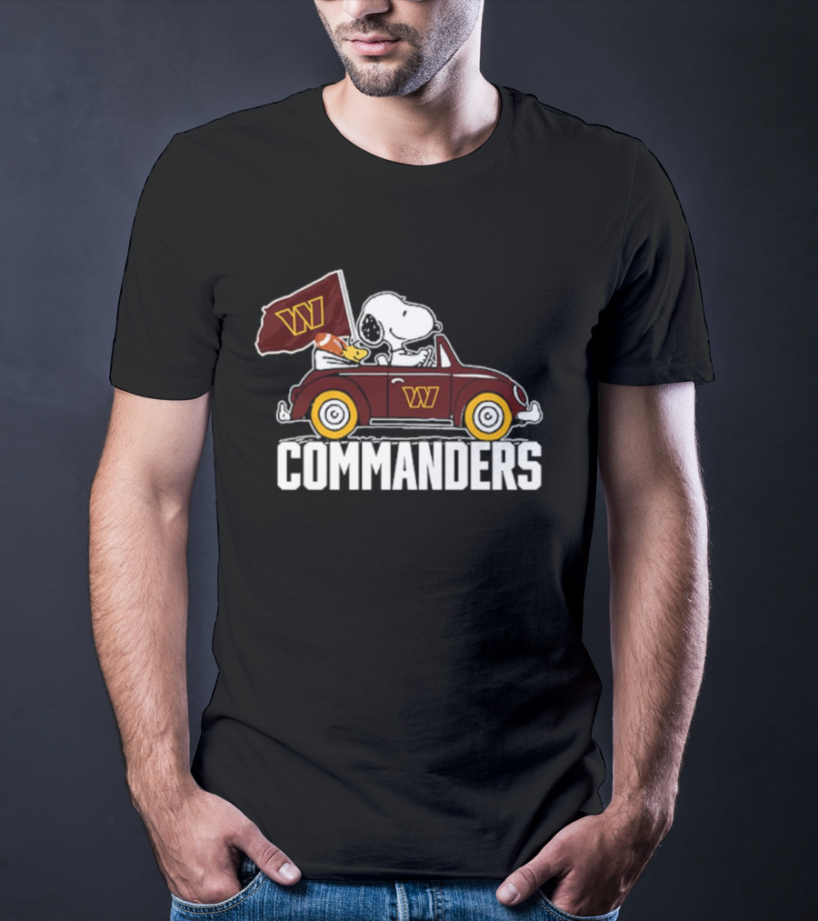 Snoopy And Woodstock Driving Car With Washington Commanders Flag T-Shirt