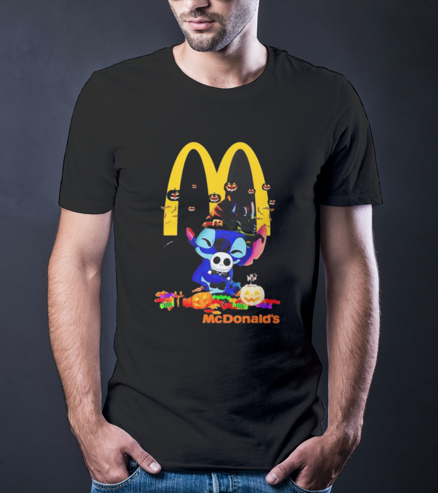 Stitch Hugging Jack Skellington With McDonald’s Halloween Pumpkins And Candy T-Shirt