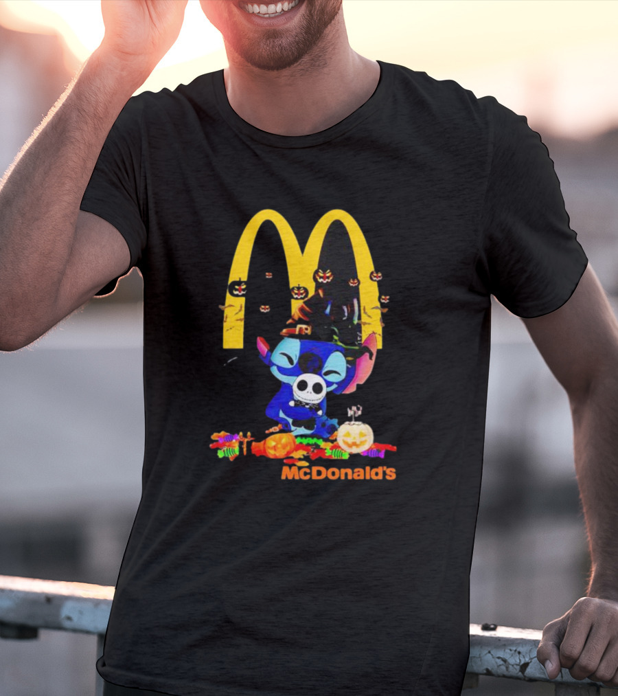 Stitch Hugging Jack Skellington With McDonald’s Halloween Pumpkins And Candy T-Shirt