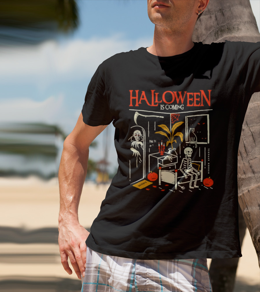 Halloween Is Coming Skeleton With Ghost And Pumpkins In Spooky Room T-Shirt