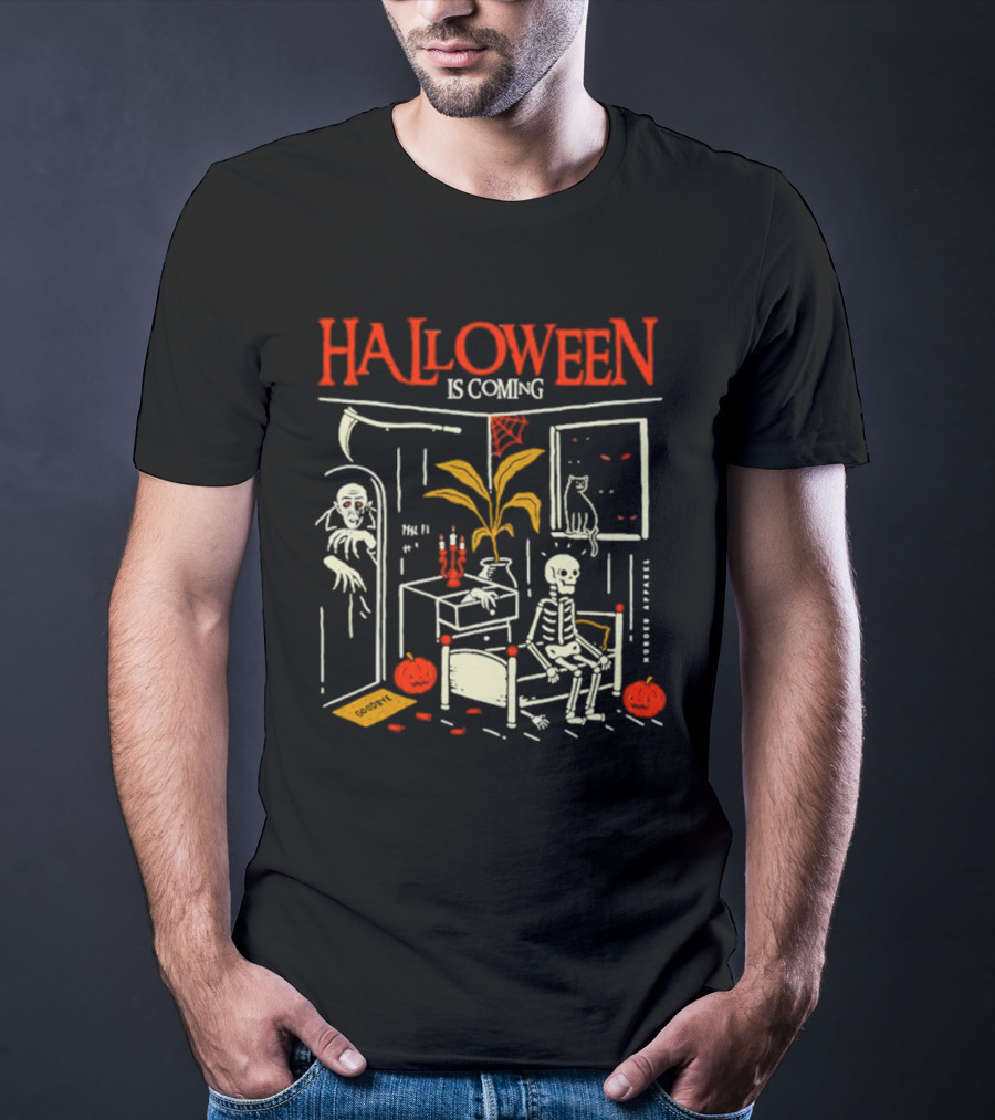 Halloween Is Coming Skeleton With Ghost And Pumpkins In Spooky Room T-Shirt