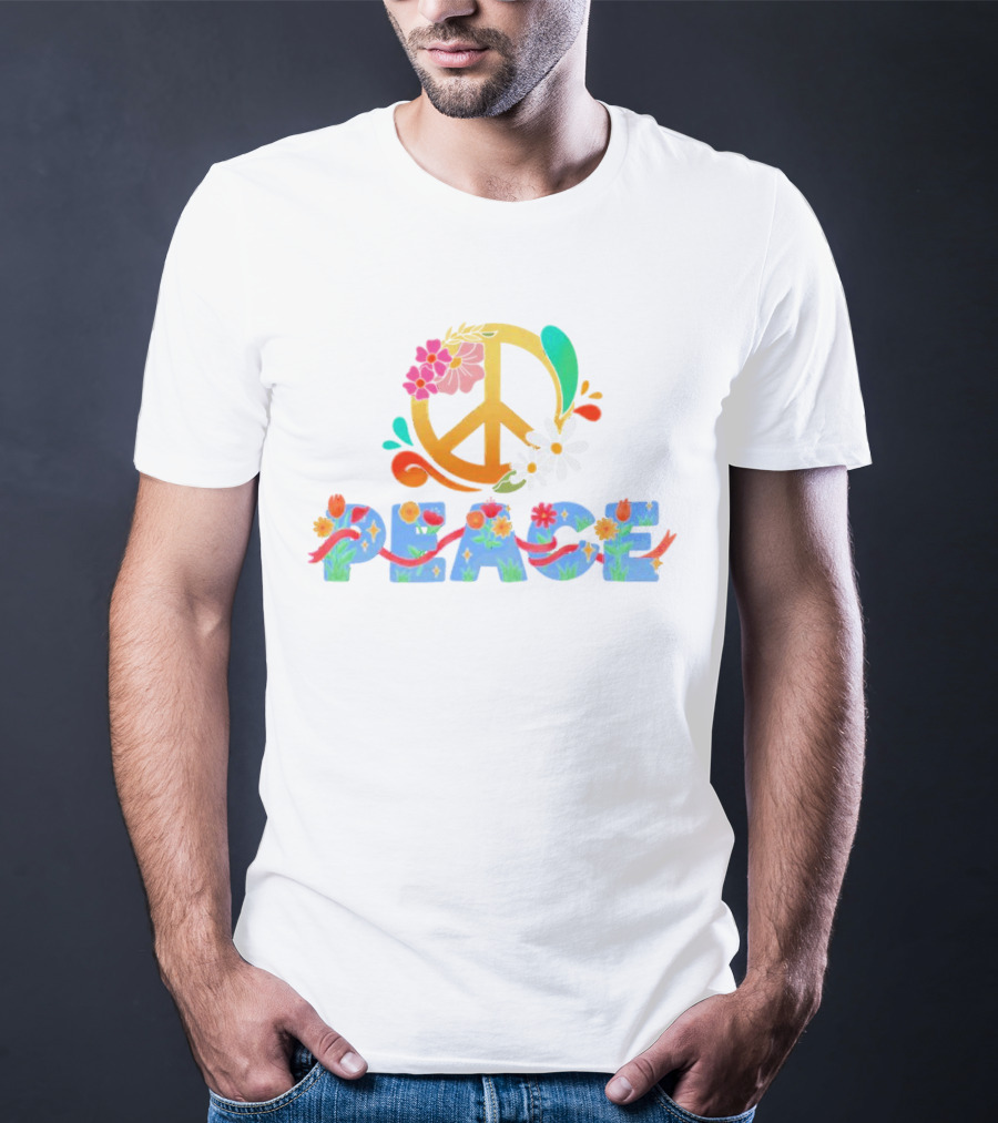 Peace Sign With Flower And Colorful Floral Lettering For International Day Of Peace T-Shirt