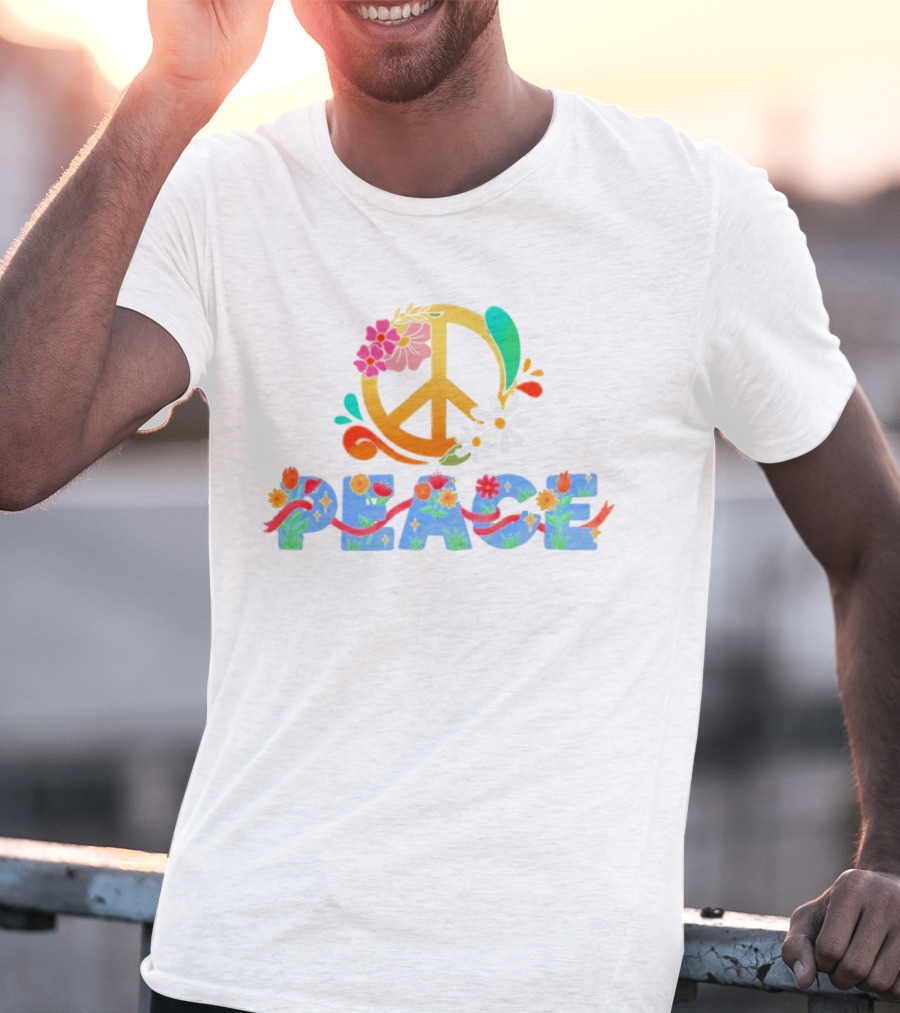 Peace Sign With Flower And Colorful Floral Lettering For International Day Of Peace T-Shirt