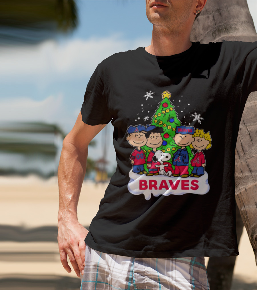 Peanuts Characters Atlanta Braves Christmas Tree Snowflakes T-Shirt