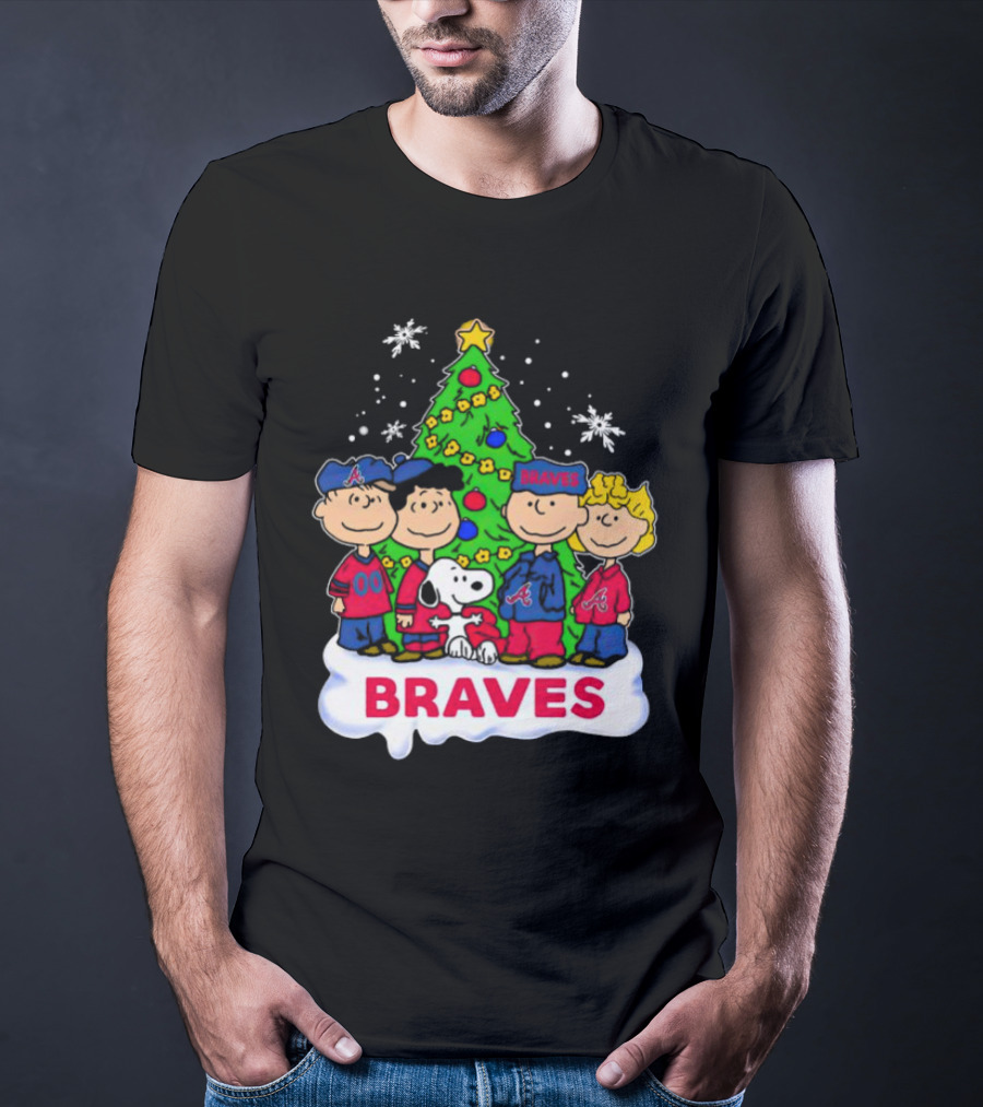 Peanuts Characters Atlanta Braves Christmas Tree Snowflakes T-Shirt
