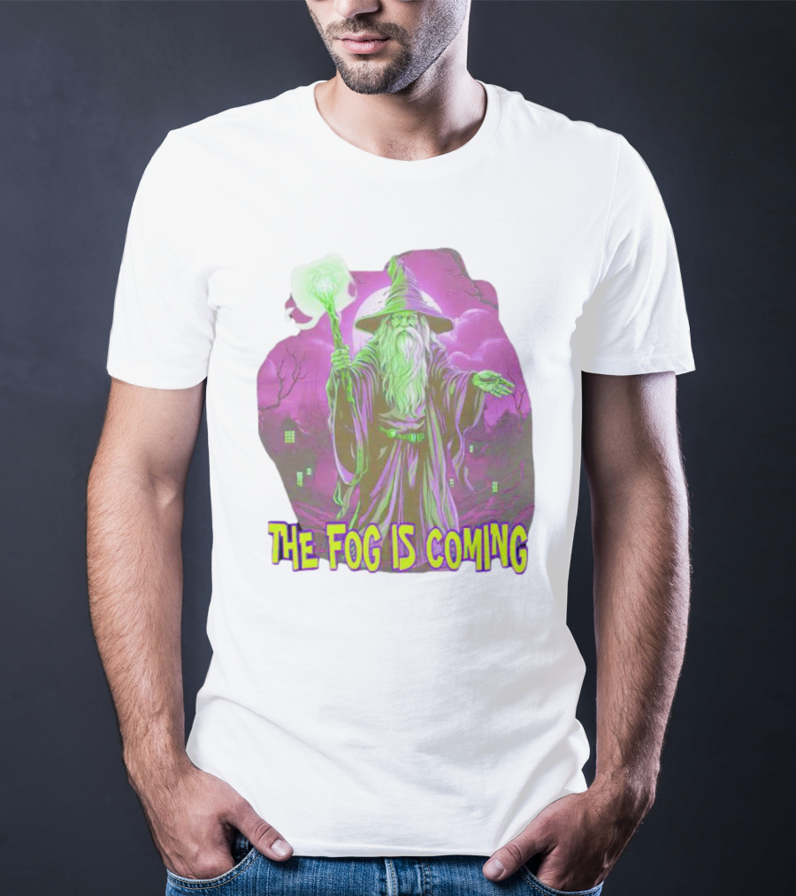 The Fog Is Coming Wizard With Green Staff And Purple Background T-Shirt