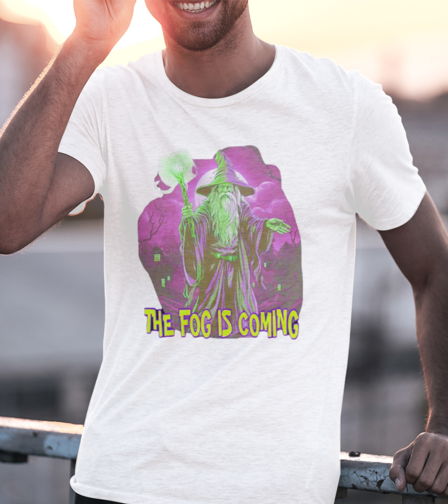 The Fog Is Coming Wizard With Green Staff And Purple Background T-Shirt