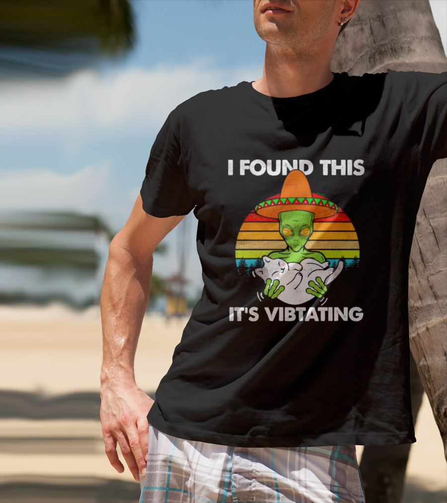 I Found This It's Vibrating Alien Cat Vintage Retro Sunset Sombrero T-Shirt