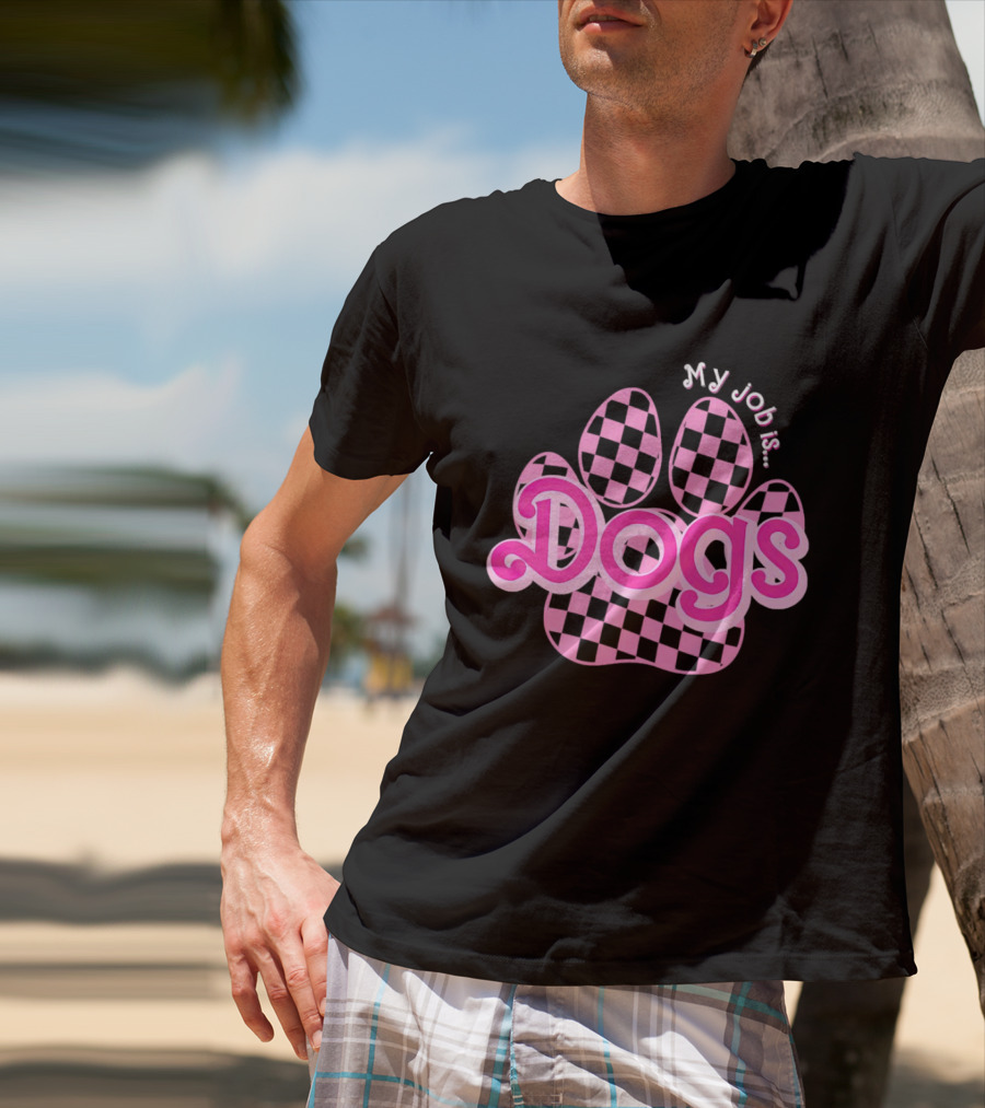 Barbie My Job Is Dogs Pink Checkered Paw Prints T-Shirt