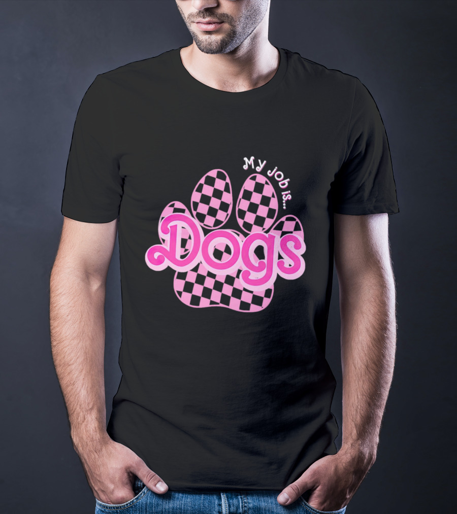 Barbie My Job Is Dogs Pink Checkered Paw Prints T-Shirt