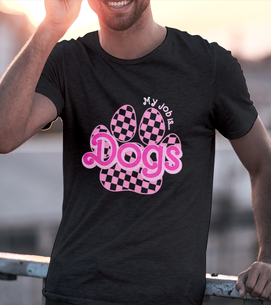 Barbie My Job Is Dogs Pink Checkered Paw Prints T-Shirt