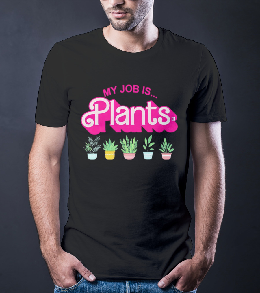 Barbie Plants My Job Is Plants Pink Logo With Potted Greenery T-Shirt