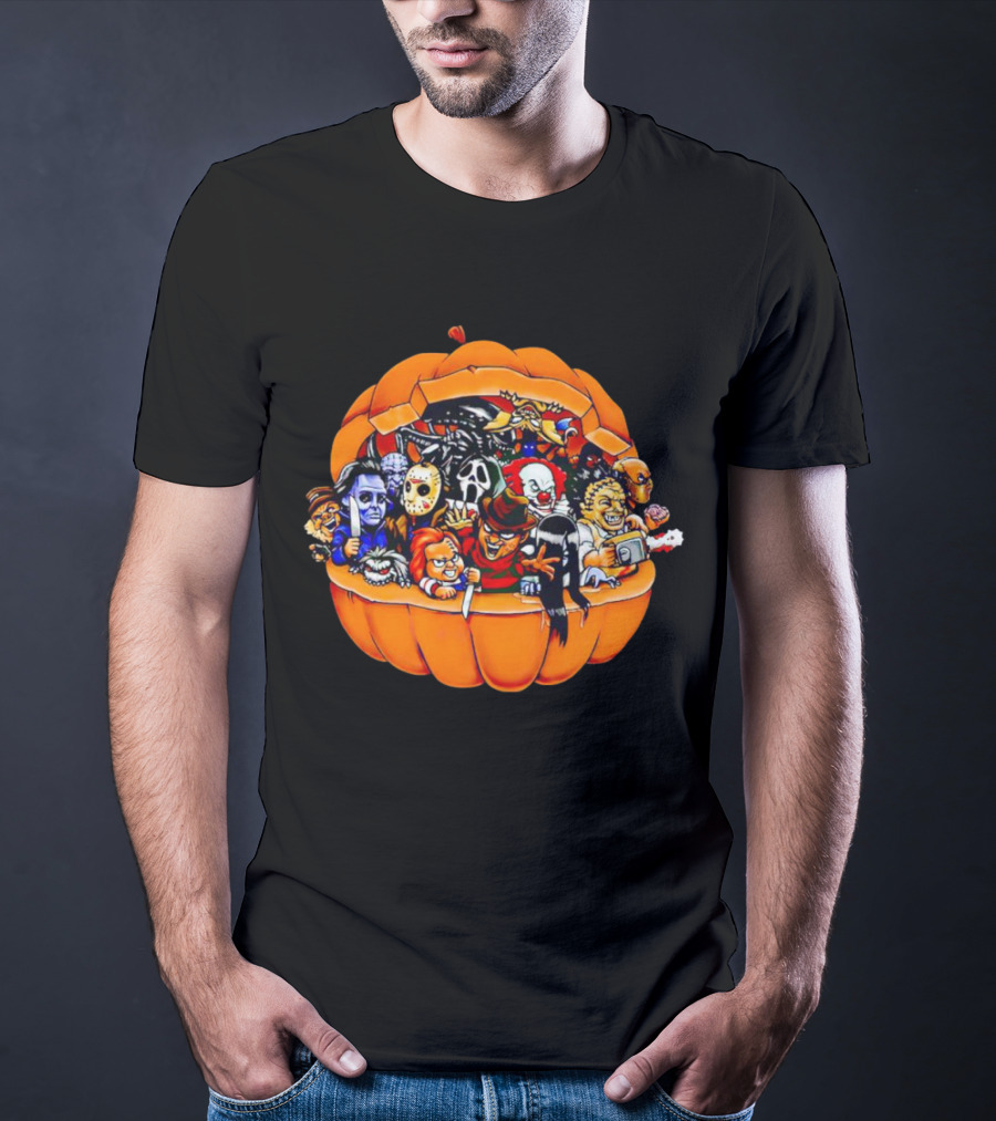 Horror Movie Characters Inside Pumpkin Halloween Icons T-Shirt