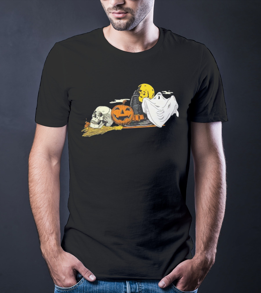 SpooKY Halloween Vintage Skull Pumpkin Ghost Witch Hat Moon Scene T-Shirt