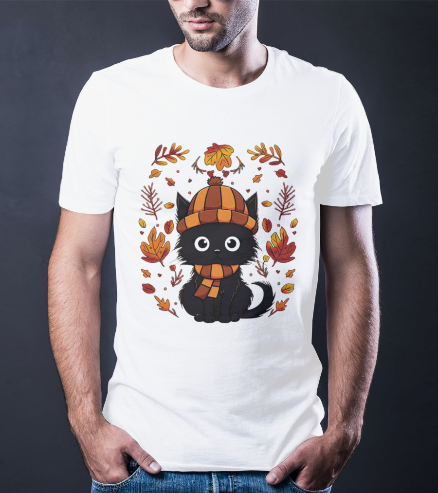 Black Cat Autumn Leaves Cozy Fall T-Shirt