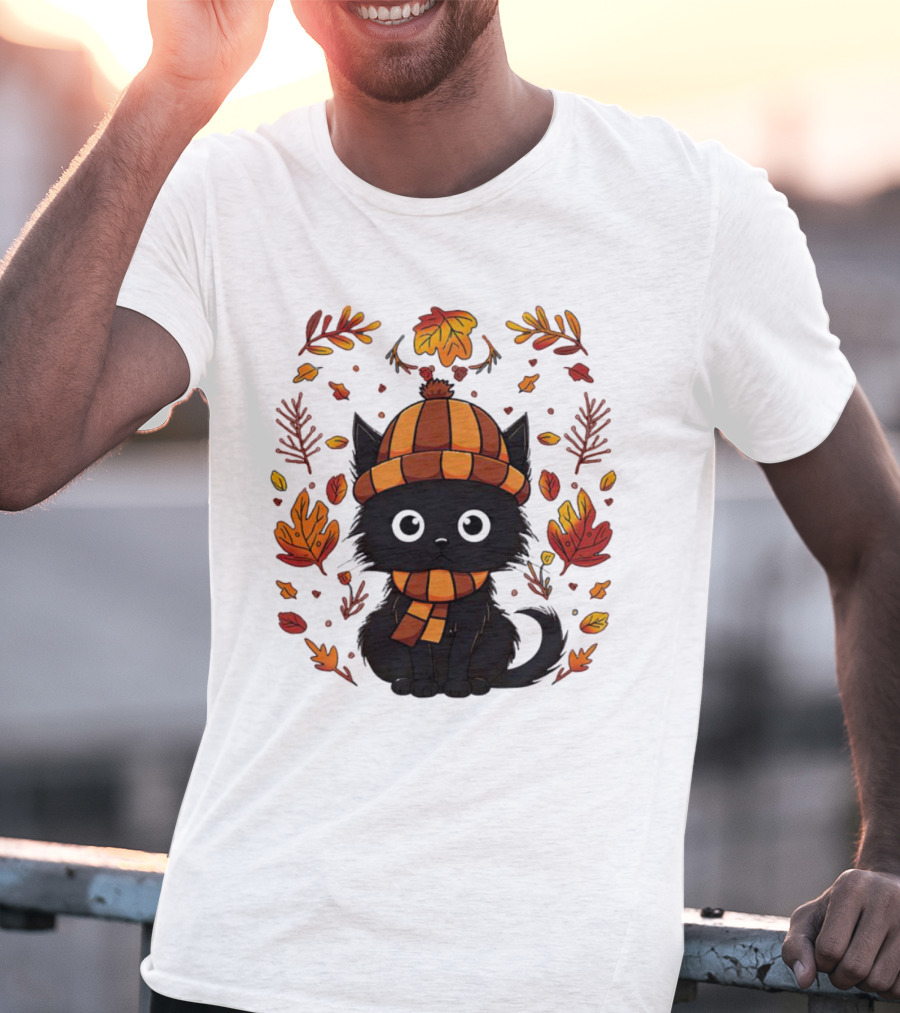 Black Cat Autumn Leaves Cozy Fall T-Shirt