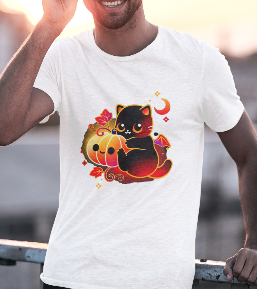 Cat Demon Halloween Moon Pumpkin Leaves Bat Wings T-Shirt