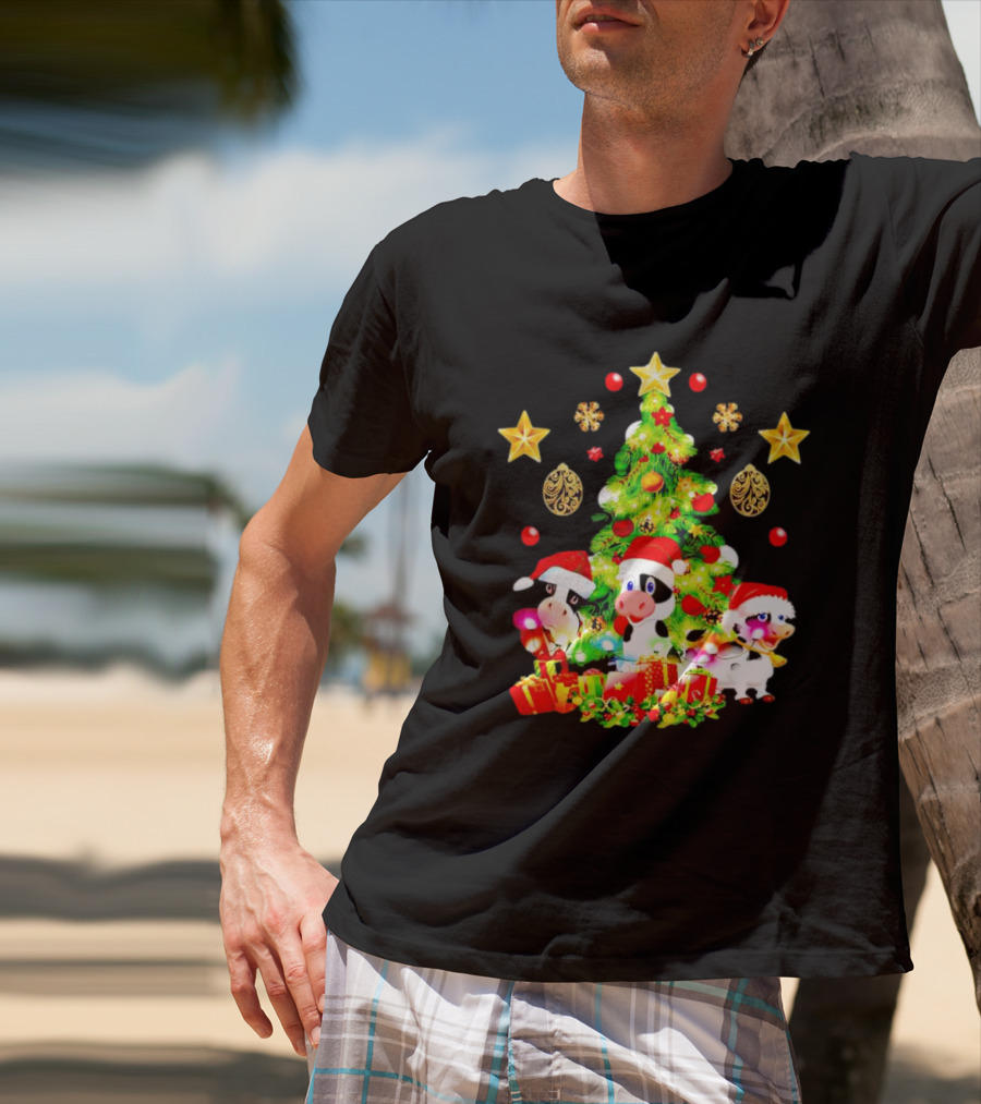 Dairy Cow With Christmas Tree Festive Santa Hats And Presents T-Shirt