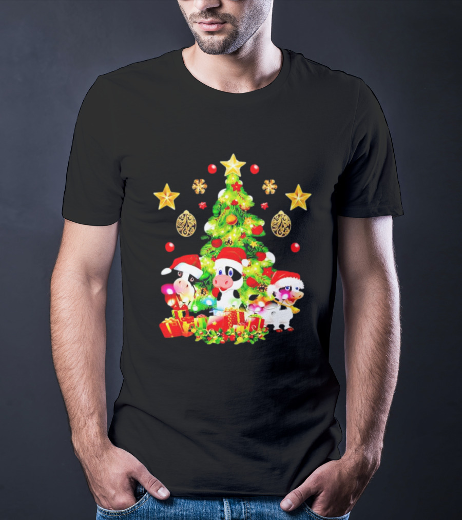 Dairy Cow With Christmas Tree Festive Santa Hats And Presents T-Shirt