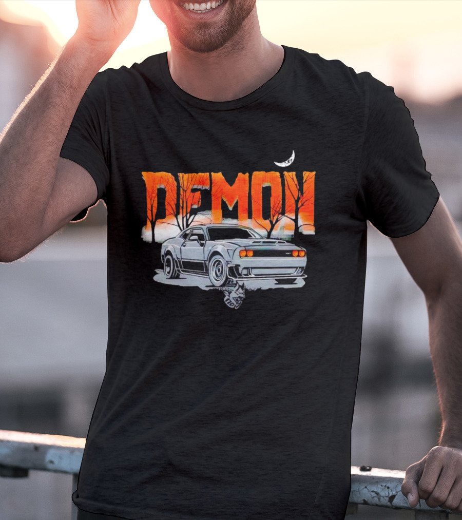 Demon Dodge Challenger SRT Halloween Moon Scene T-Shirt